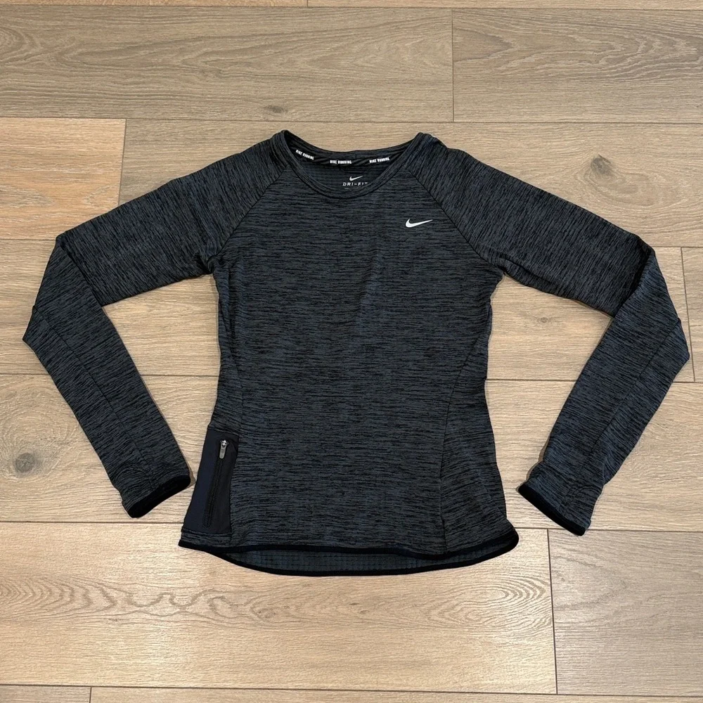 NIKE Gray Black Tech Fleece Waffle Knit Dri-Fit‎ Running Long Sleeve Top Size XS